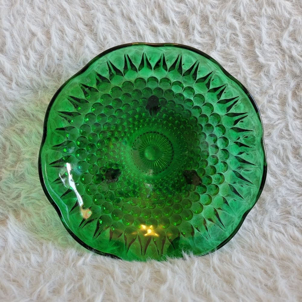 Vintage Hobnail Footes Glass Bonbon Bowl Forest Green